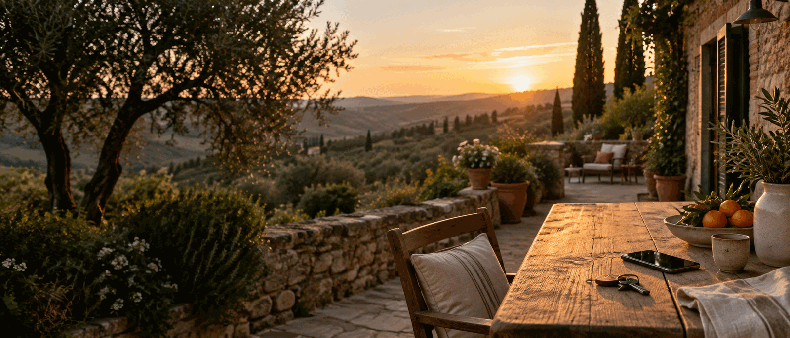 Paesaggio rurale italiano tra ulivi e colline al tramonto